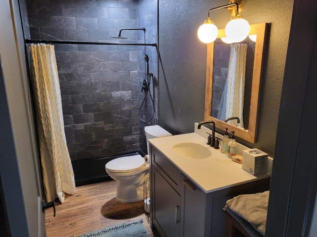 Bathroom with dark shower tile and large shower head