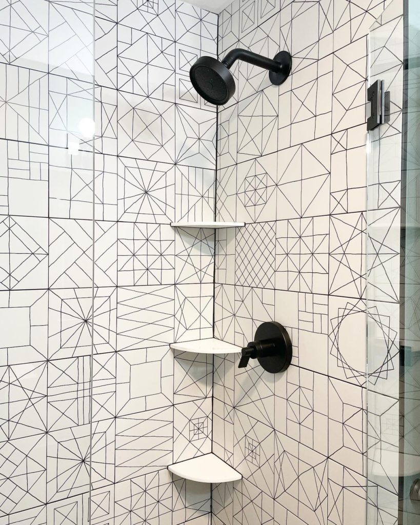 Walk-in shower with geometric tile
