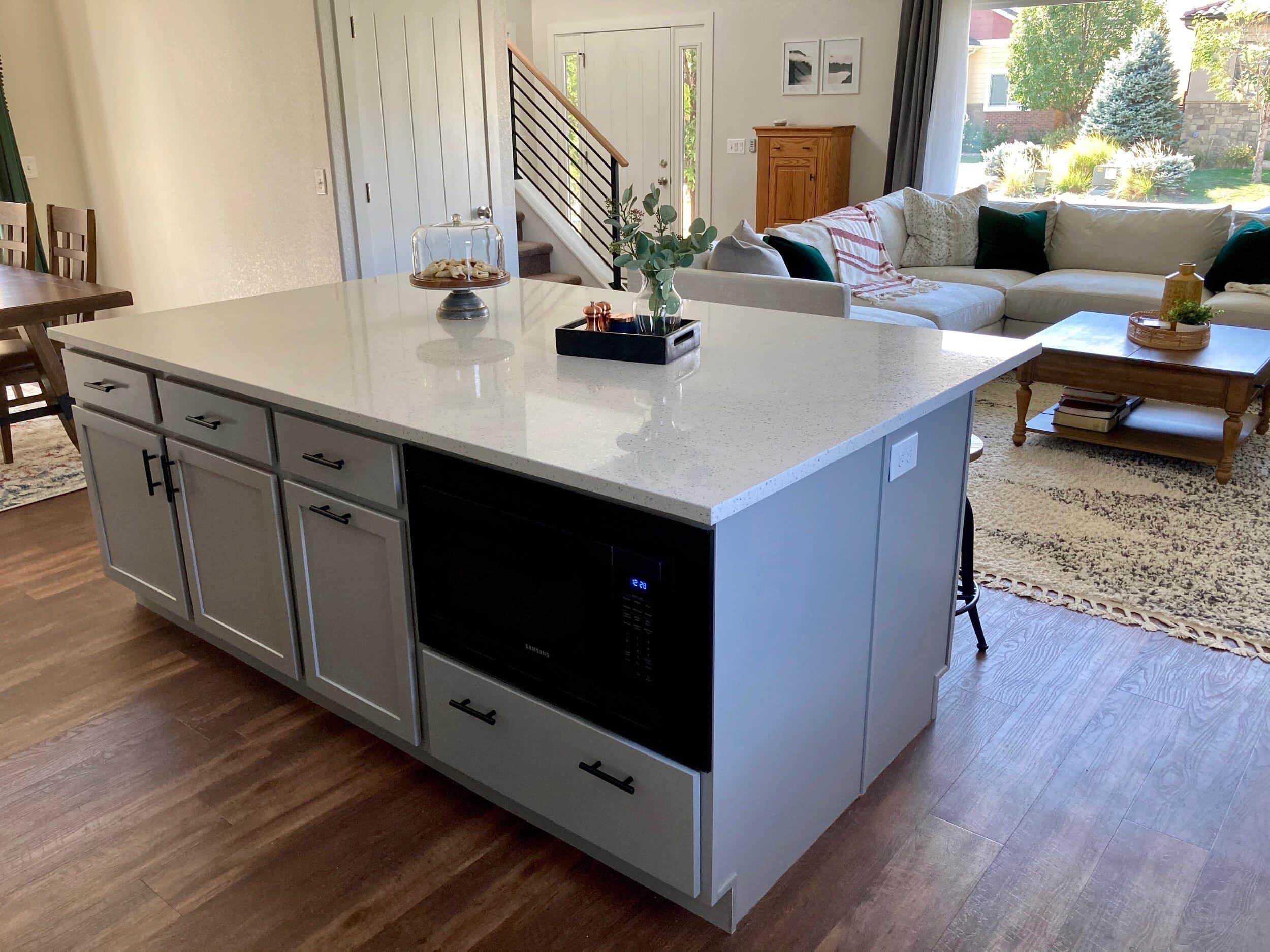 Large kitchen island with built-in microwave