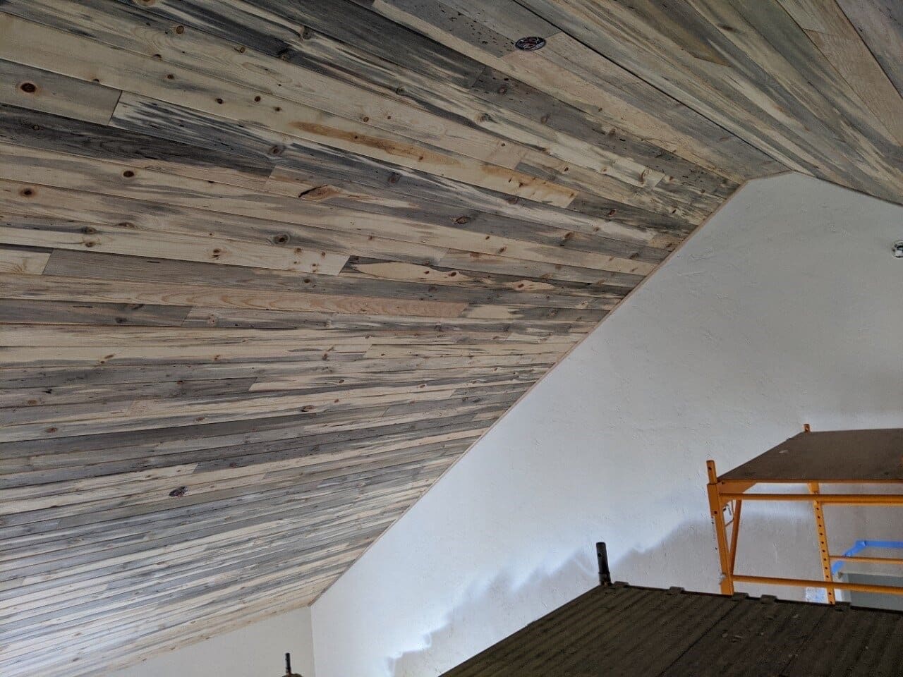 Close-up of a vaulted wooden ceiling
