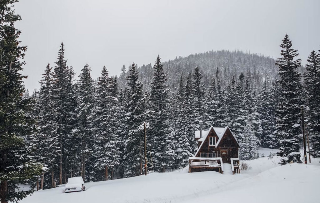 A cabin covered in snow